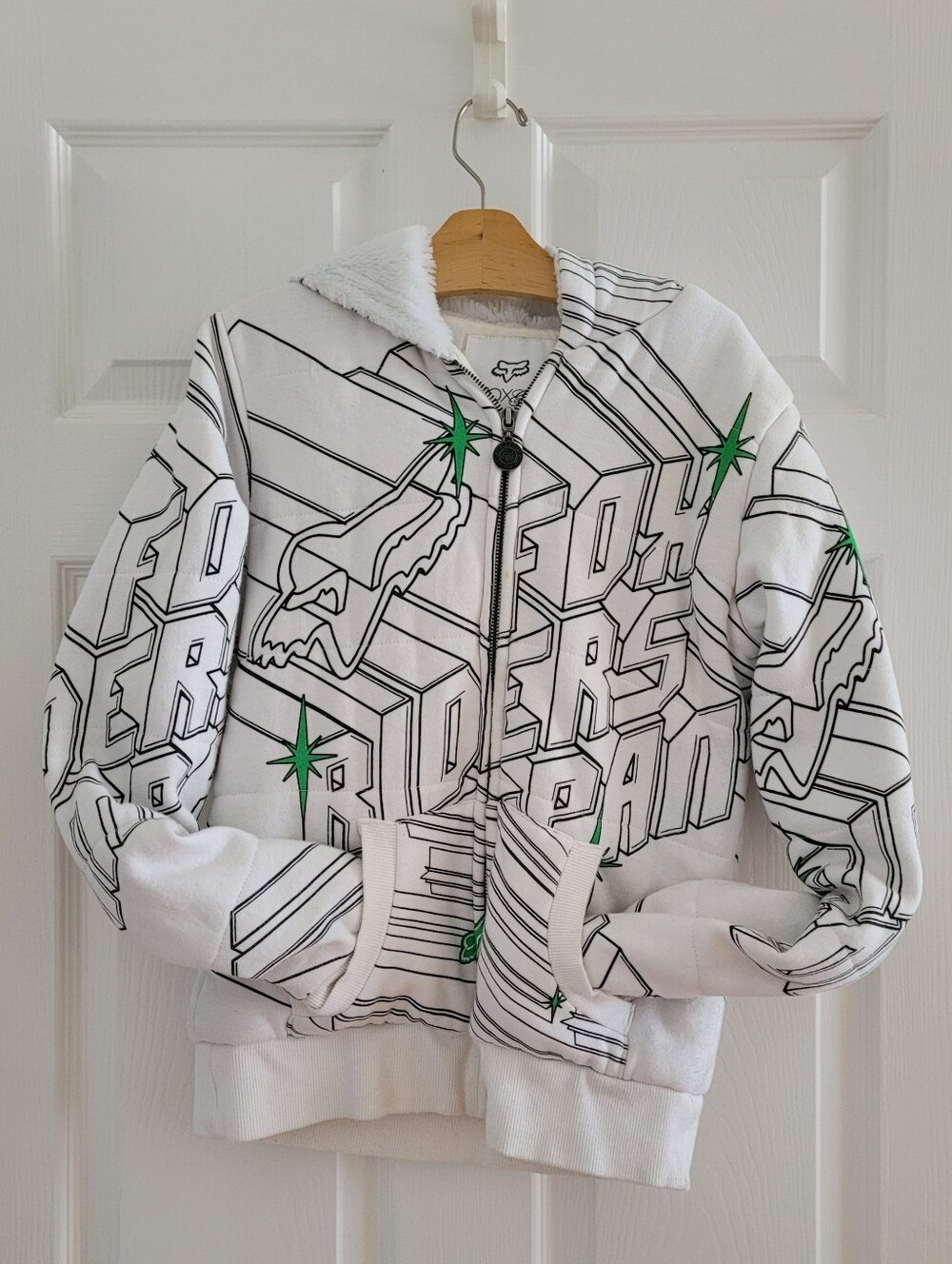 Fox | Kids White & Green Graphic Zip Hoodie With Faux Fur Hood
